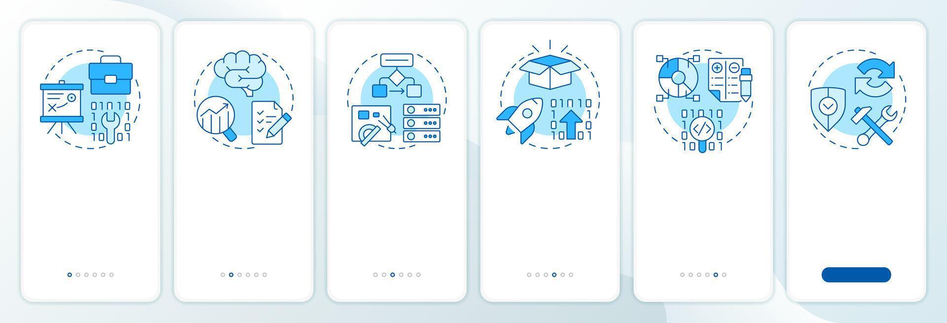 Software development life cycle blue onboarding mobile app screen. Walkthrough 6 steps editable graphic instructions with linear concepts. UI, UX, GUI vector