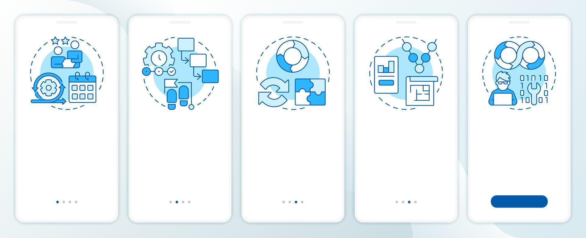 Software development models blue onboarding mobile app screen. Walkthrough 5 steps editable graphic instructions with linear concepts. UI, UX, GUI vector