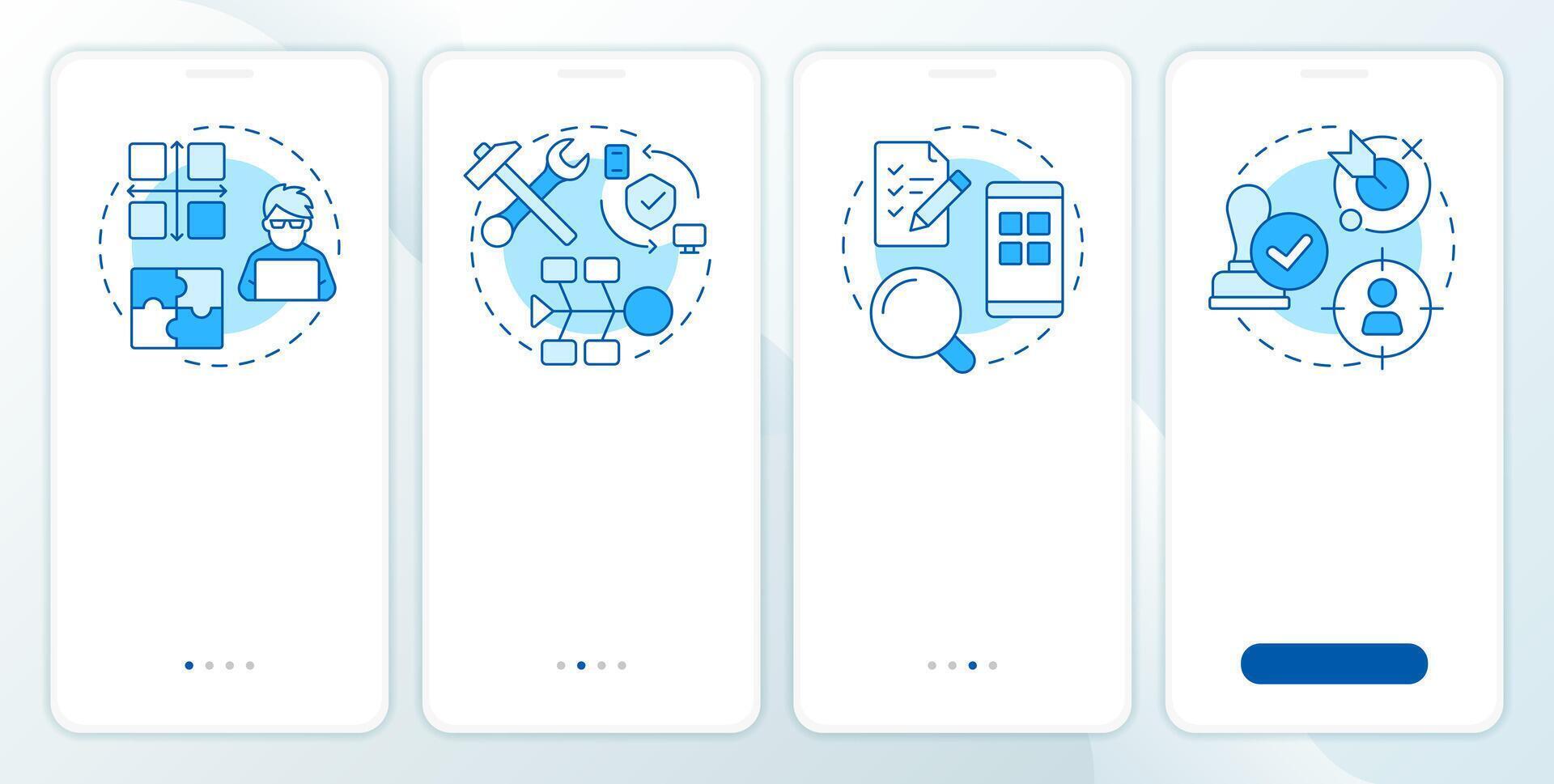 software pruebas tipos azul inducción móvil aplicación pantalla. recorrido 4 4 pasos editable gráfico instrucciones con lineal conceptos. ui, ux, gui vector