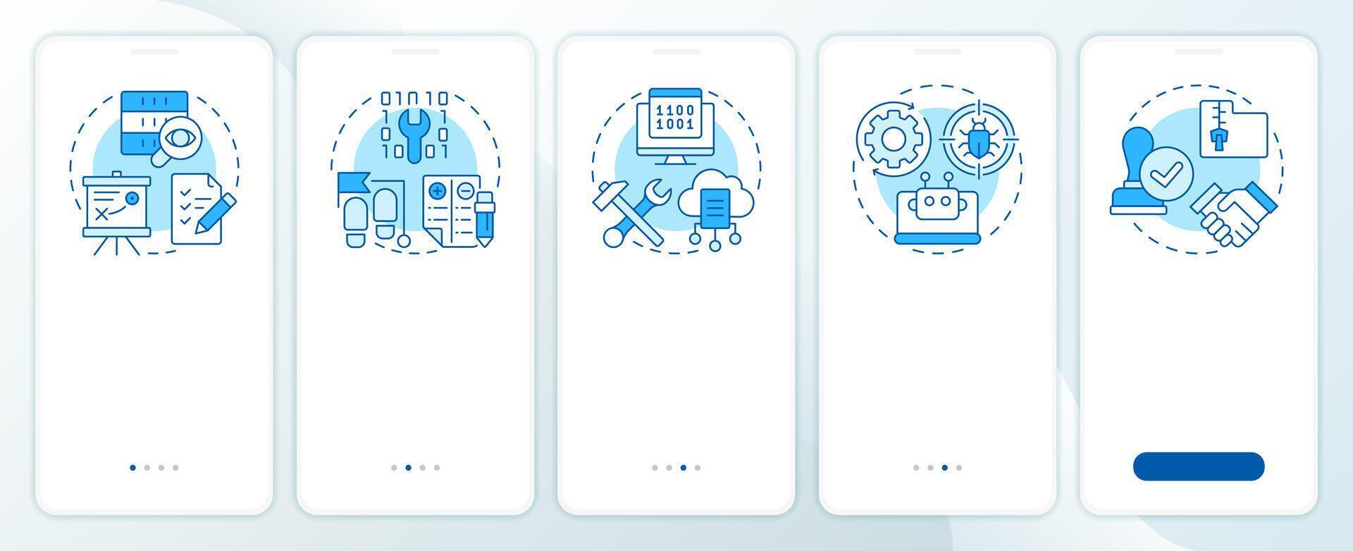 Software testing blue onboarding mobile app screen. Strategy, planning. Walkthrough 5 steps editable graphic instructions with linear concepts. UI, UX, GUI vector