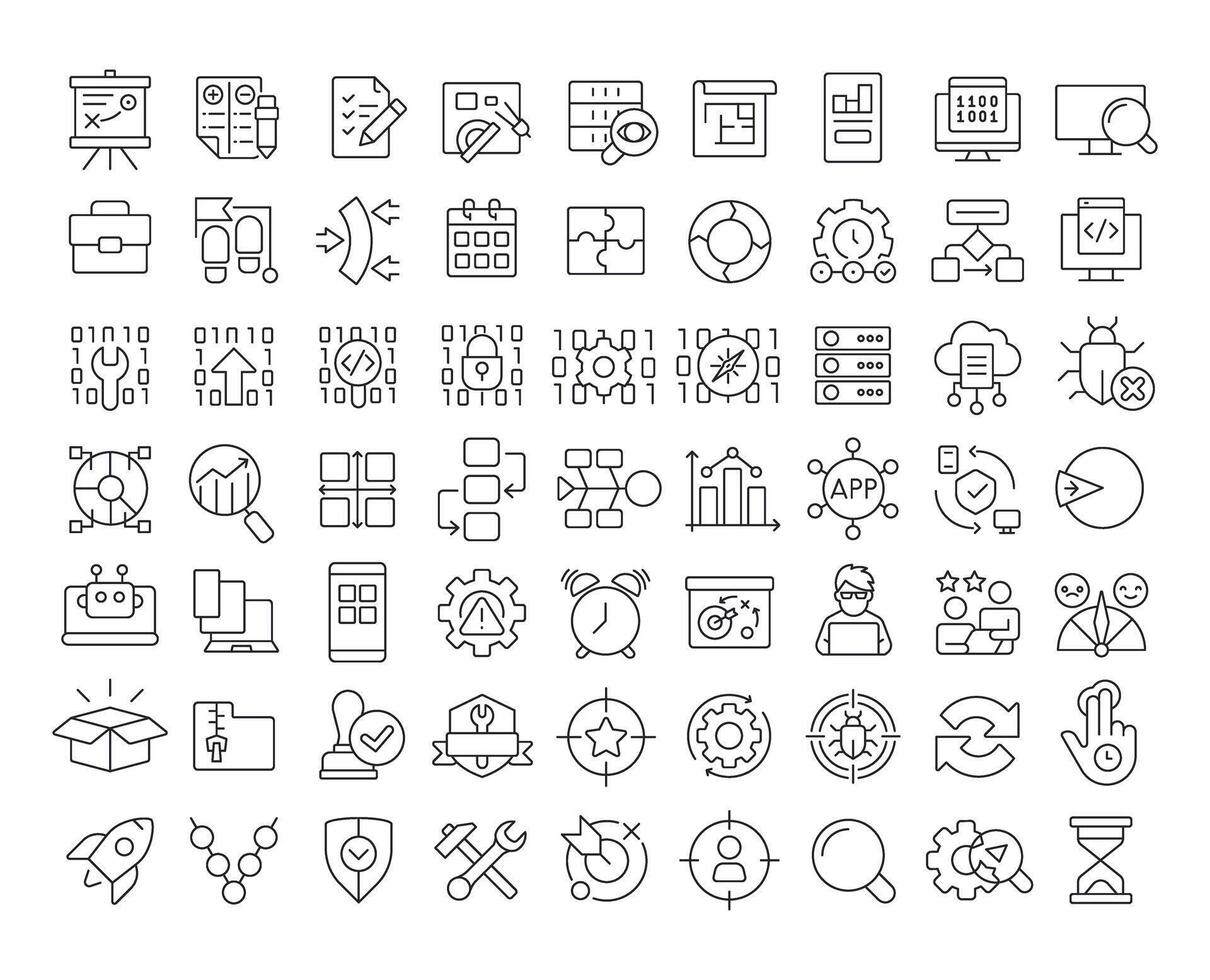 Software development and testing line icons set. Cyber security, access control. Data encryption. Isolated outline illustrations. Thin lineart iconset symbols. Editable stroke vector