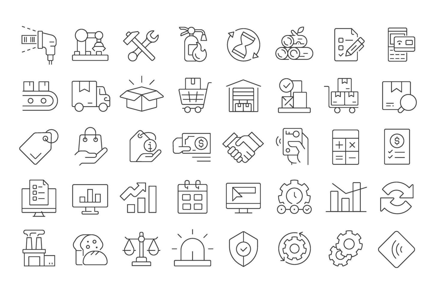 Inventory management line icons set. Organization supplies efficient usage system. Storage and processing. Isolated outline illustrations. Thin lineart iconset symbols. Editable stroke vector