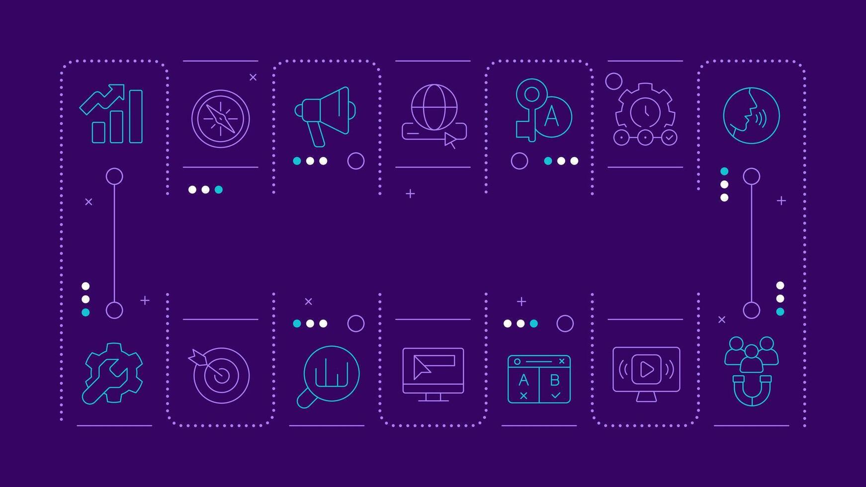 What is SEM purple word concept. Lead generation, analytics. Artificial intelligence. Horizontal image. Headline text surrounded by editable outline icons vector