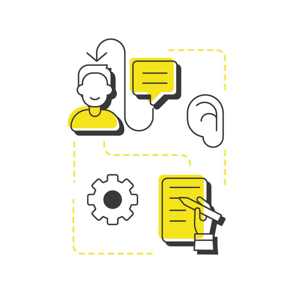 Comprehensive listening modern linear concept icon. Studying process, knowledge learning. Document writing. Flat outline elements connected with dotted lines. Creative visual. Easy to edit vector