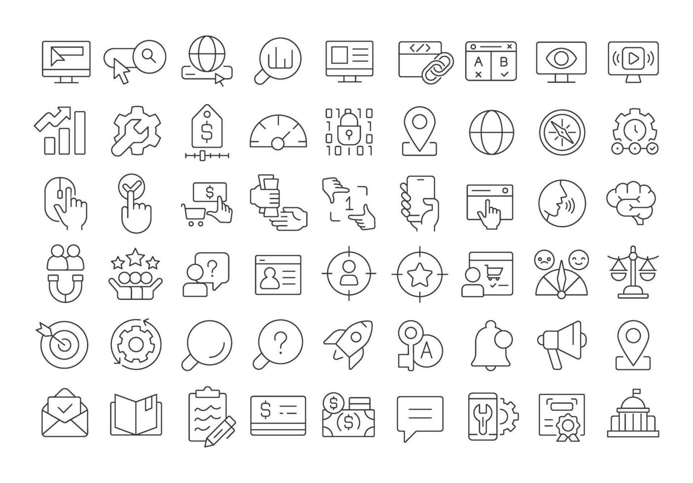 Search engine marketing line icons set. Target audience, customer satisfaction. Seo optimization. Isolated outline illustrations. Thin lineart iconset symbols. Editable stroke vector