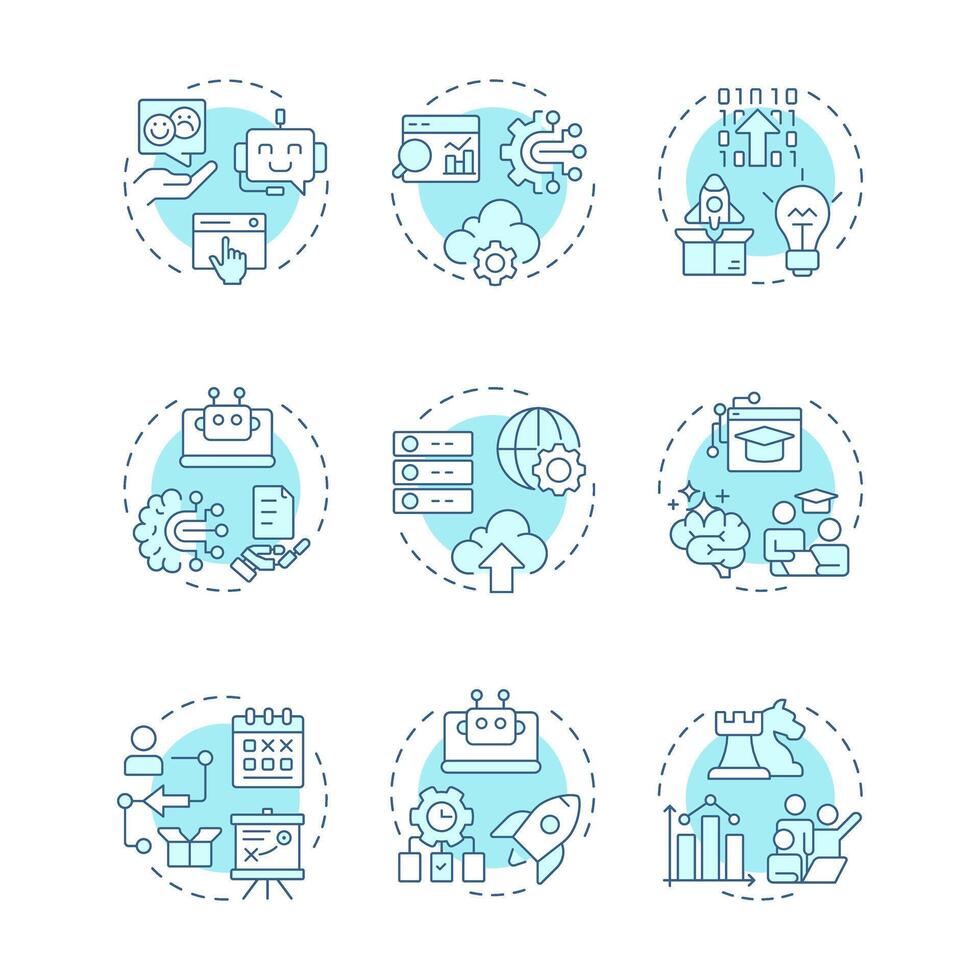Digital transformation soft blue concept icons. Business innovation, cloud technology. Icon pack. Round shape illustrations for infographic, presentation. Abstract idea vector