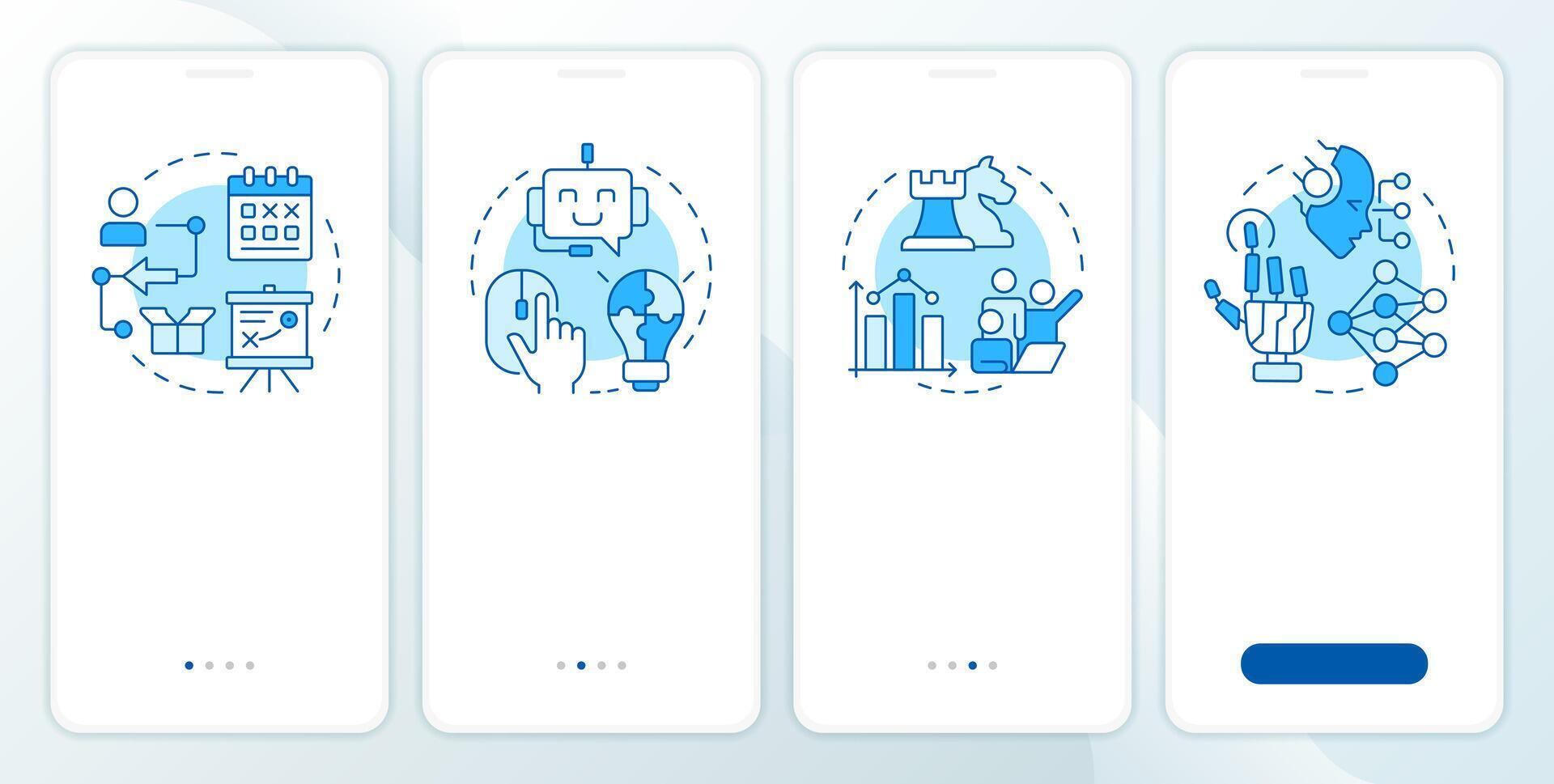 Digital technologies integration blue onboarding mobile app screen. Walkthrough 4 steps editable graphic instructions with linear concepts. UI, UX, GUI vector