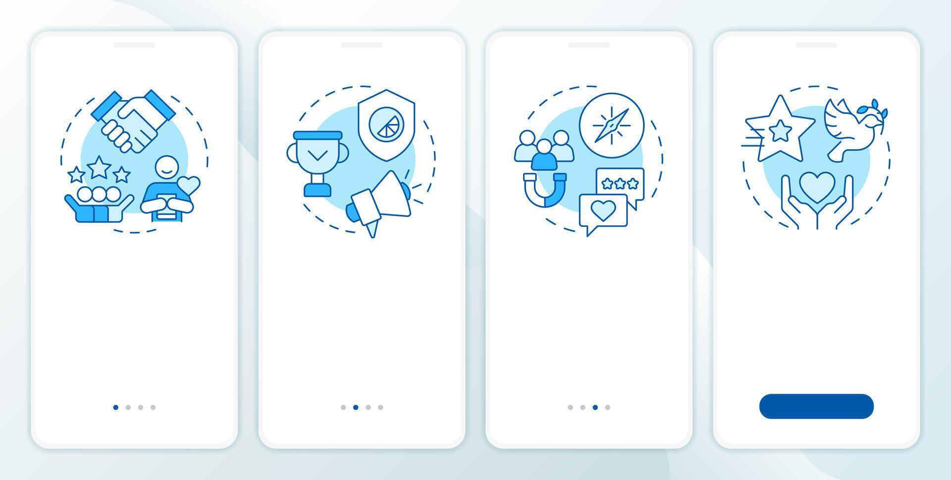 Benefits of ethical branding blue onboarding mobile app screen. Corporate. Walkthrough 4 steps editable graphic instructions with linear concepts. UI, UX, GUI vector
