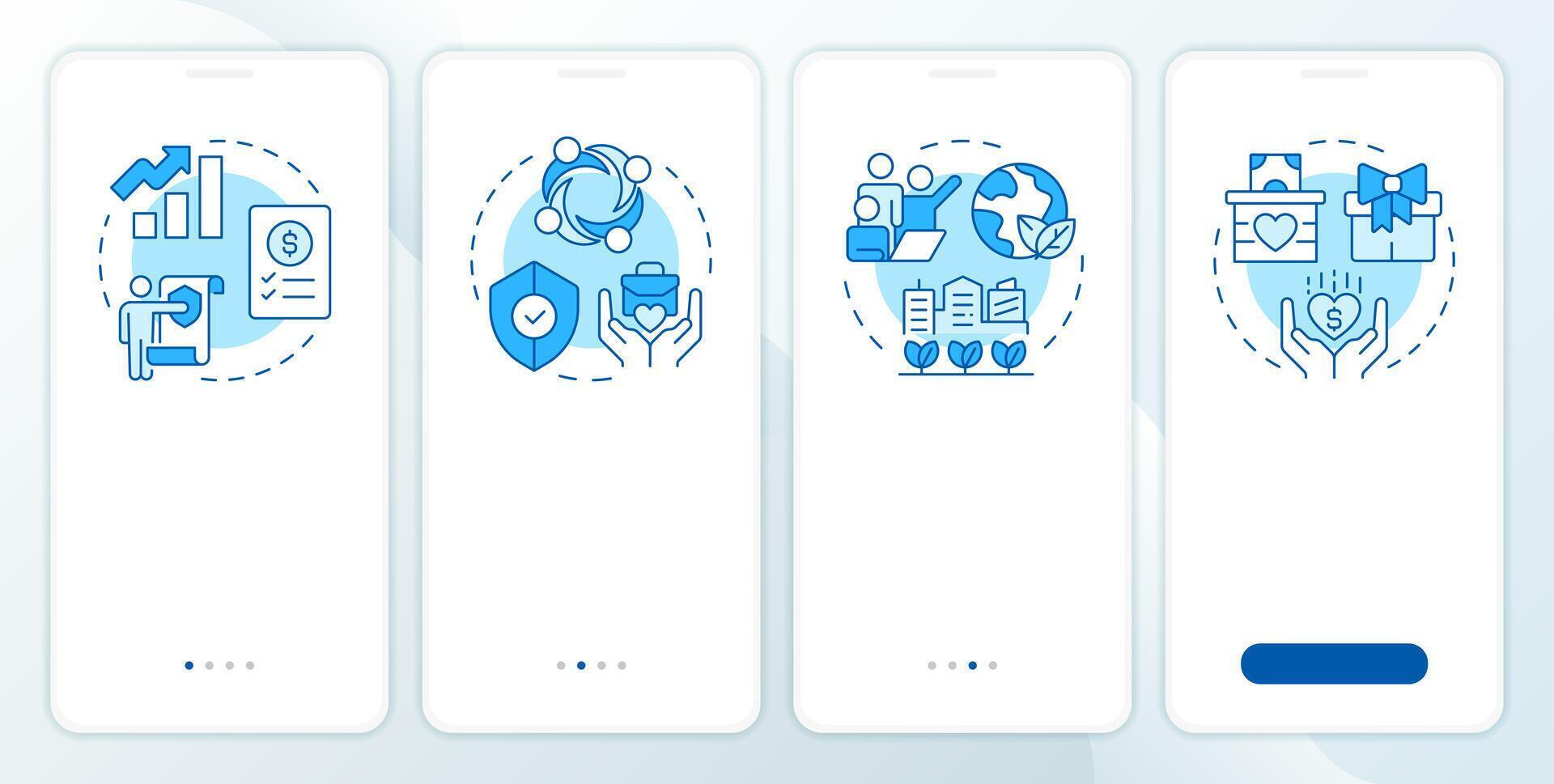Types of corporate social responsibility blue onboarding mobile app screen. Walkthrough 4 steps editable graphic instructions with linear concepts. UI, UX, GUI vector