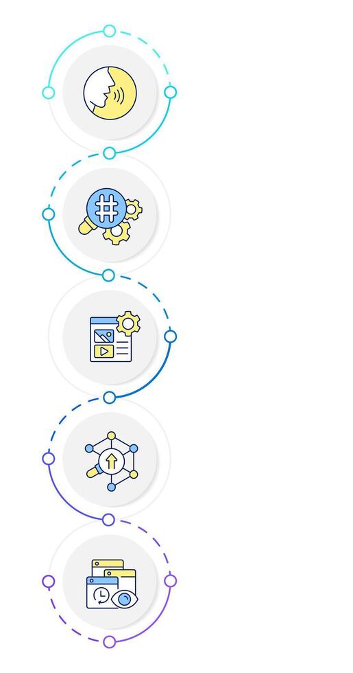 SEO optimization infographic design template. Voice search. Marketing campaign, methodology. Data visualization 5 options. Process vertical flow chart vector