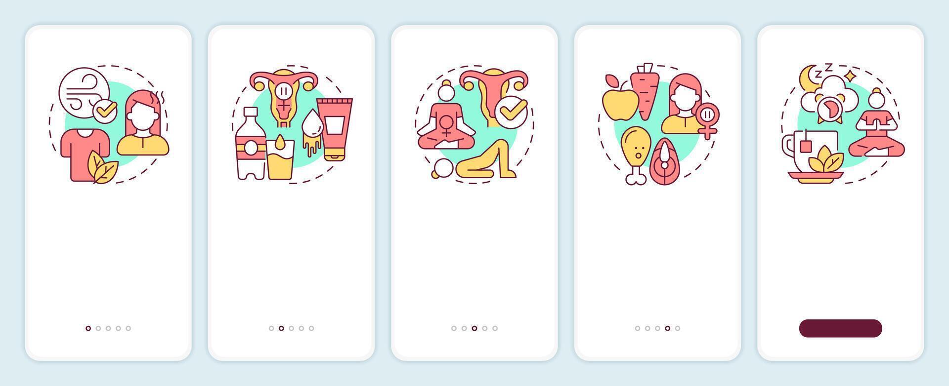 Menopause prevention onboarding mobile app screen. Age changes. Walkthrough 5 steps editable graphic instructions with linear concepts. UI, UX, GUI vector