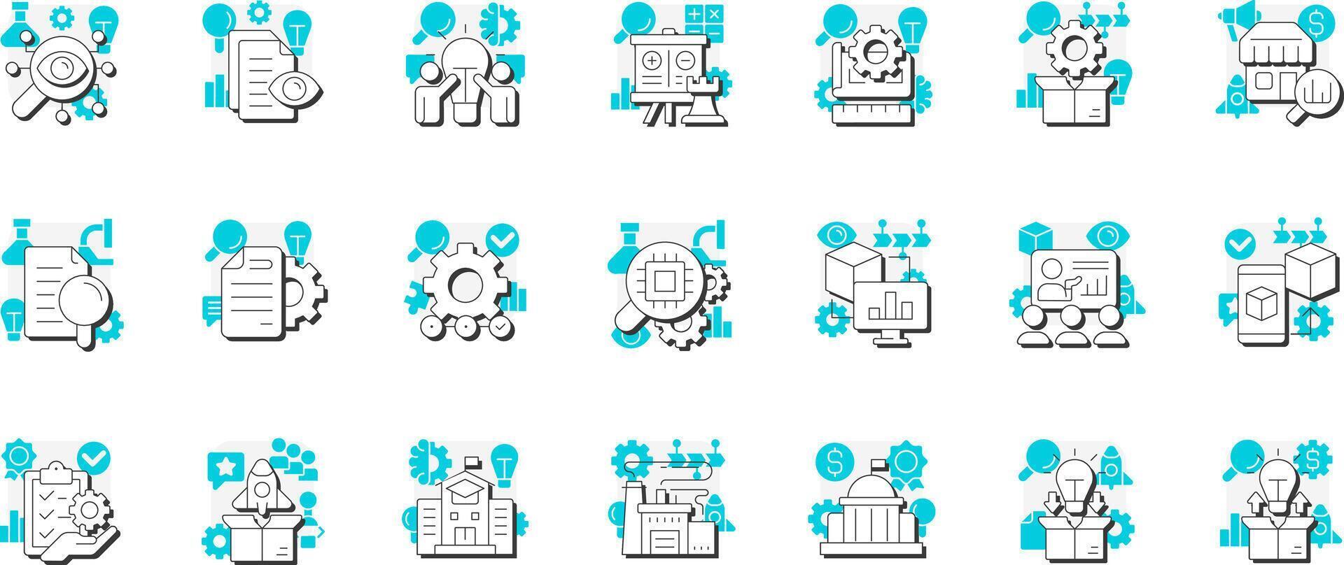 Research and development management flat outline concept icons bundle. Innovations for organization growth. Strategy. Modern line illustrations with teal glyphs. Conceptual visual. Easy to edit vector