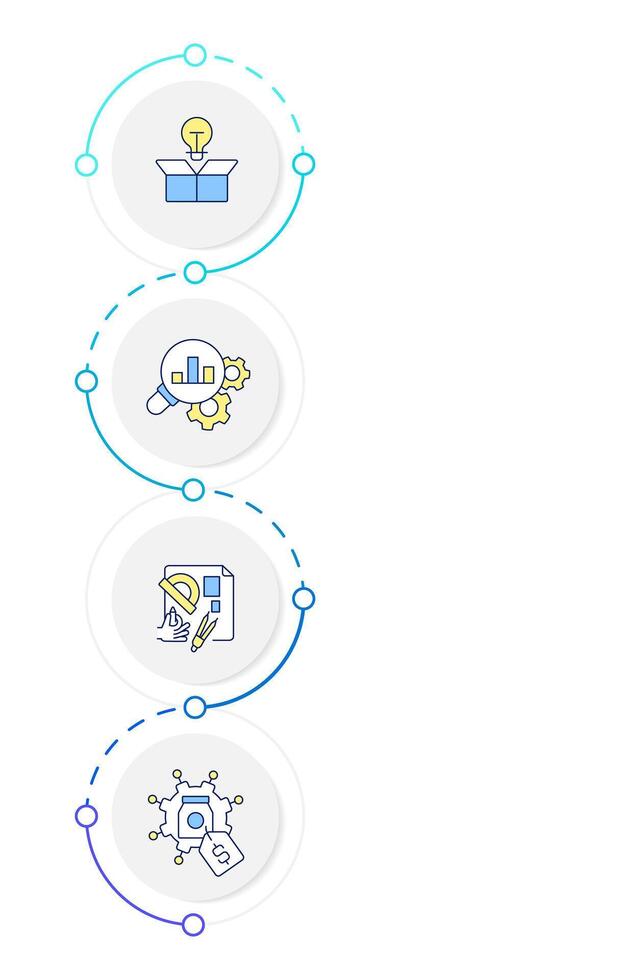 Product development infographic design template. Statistical metrics, innovation. Data visualization 4 options. Process vertical flow chart vector