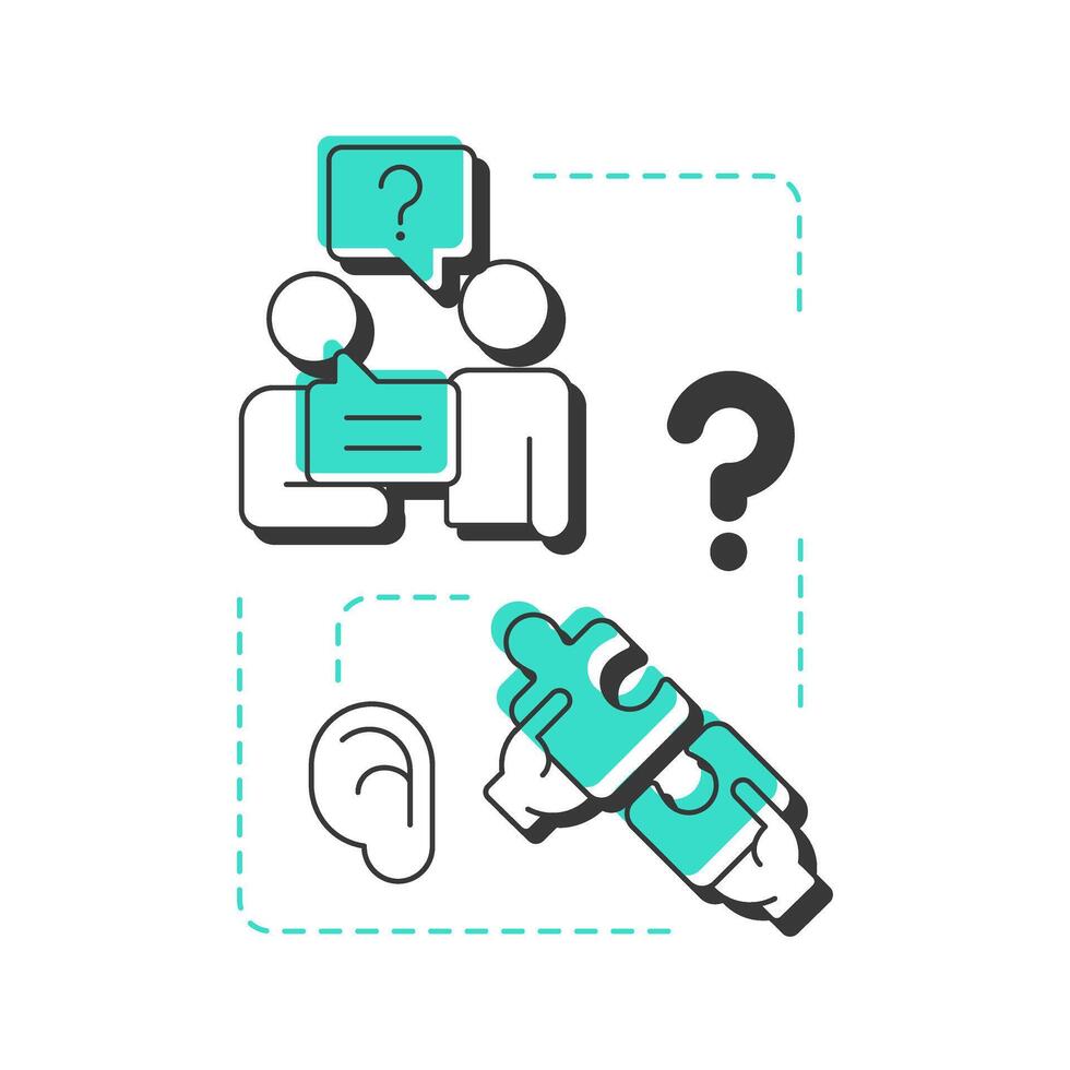 Open-ended questions modern linear concept icon. Conversation, dialogue. Social communication. Puzzle pieces. Flat outline elements connected with dotted lines. Creative visual. Easy to edit vector