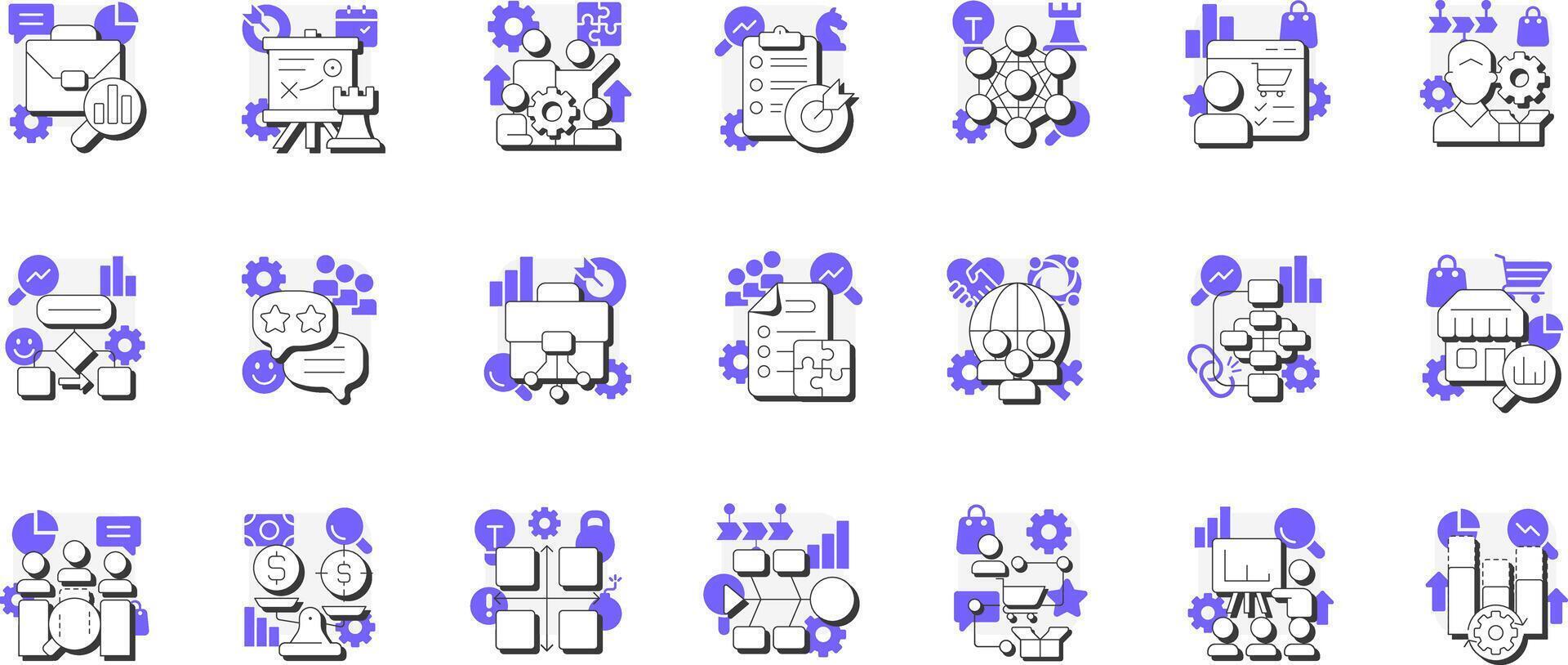 Gap analysis flat outline concept icons bundle. Difference between current and desired performance. Organization. Modern line illustrations with purple glyphs. Conceptual visual. Easy to edit vector