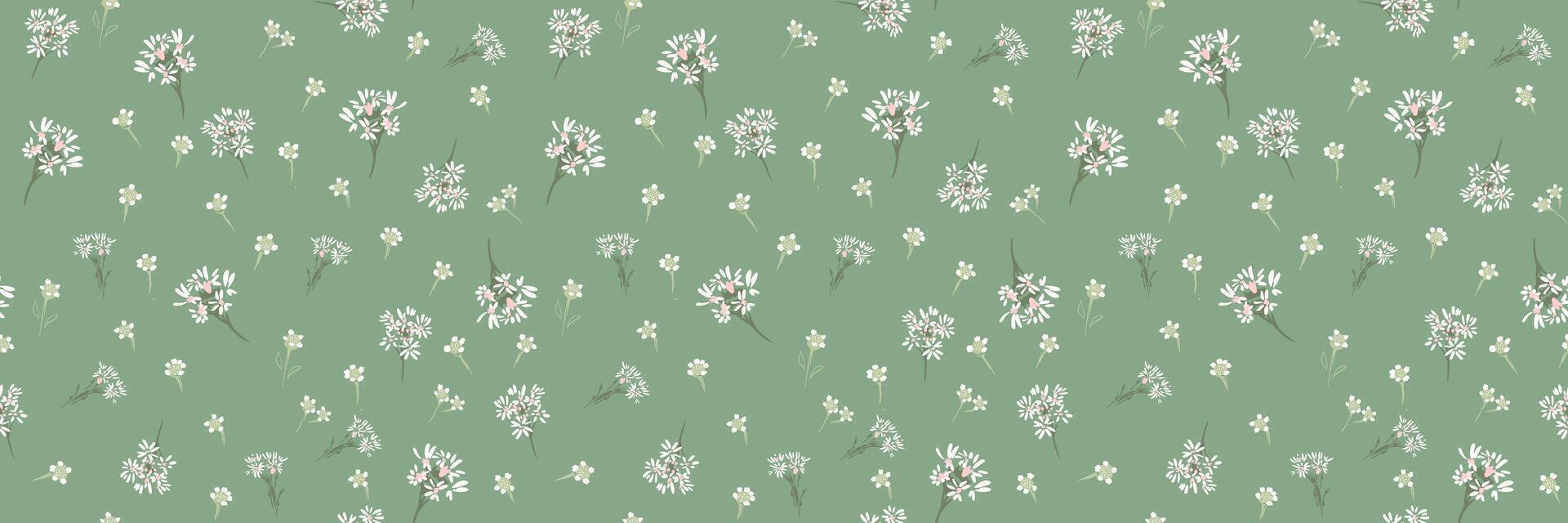 Seamless floral pattern with delicate white and pink wildflowers on a soft green background. Template for fabric, wallpaper, wrapping paper, and spring design projects vector