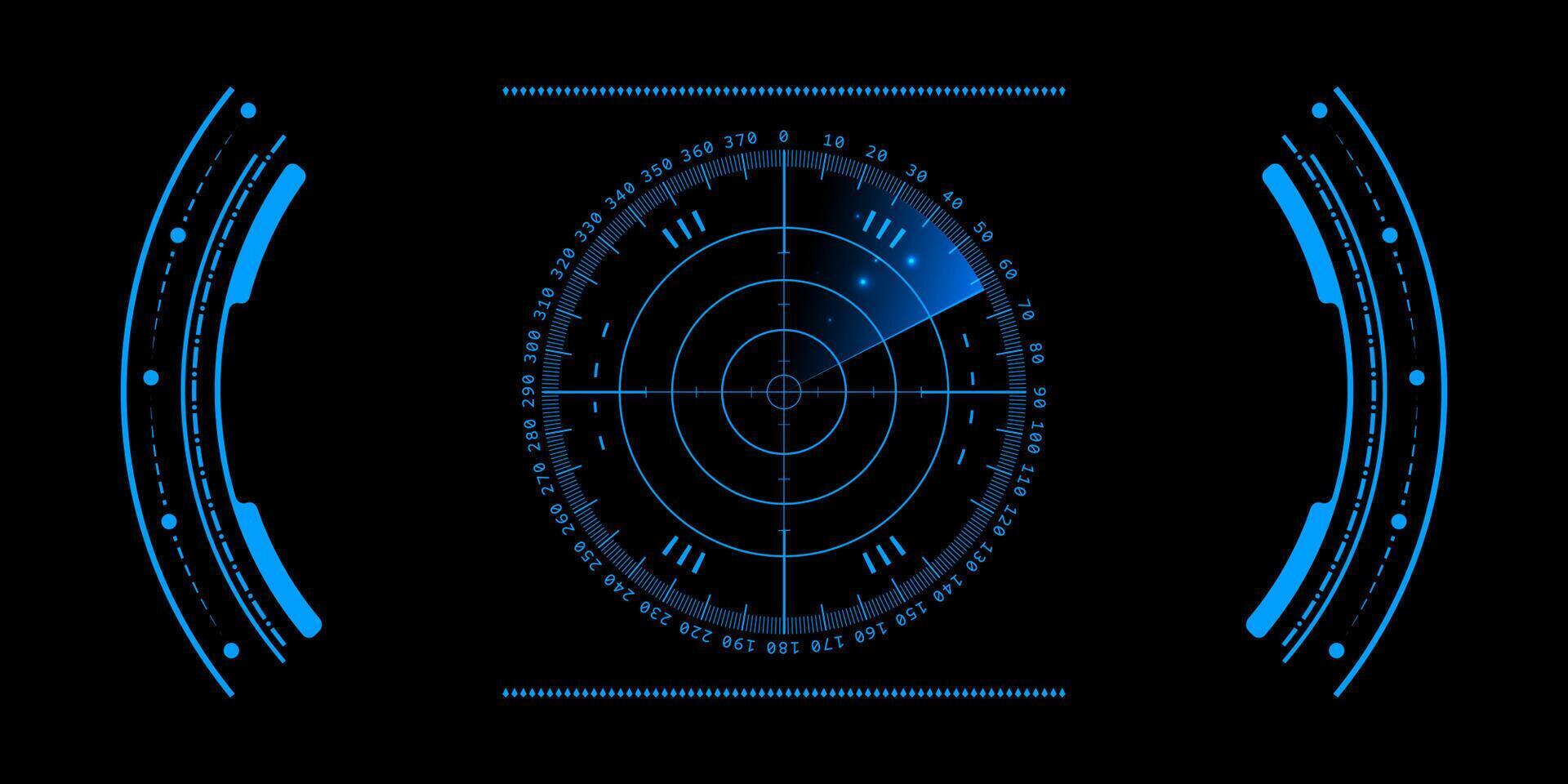 HUD radar tech with cyberpunk military screens and futuristic UI displays. AI scanning interfaces for virtual cockpits or spaceship dashboards. Digital hologram systems with target grids for game. vector