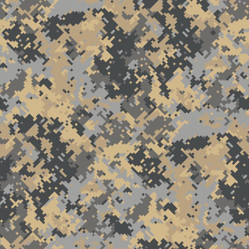 Abstract digital camouflage pattern in beige, gray, and dark gray. Ideal for backgrounds, textiles, or militarythemed designs. The pixelated texture creates a sense of concealment and mystery. vector