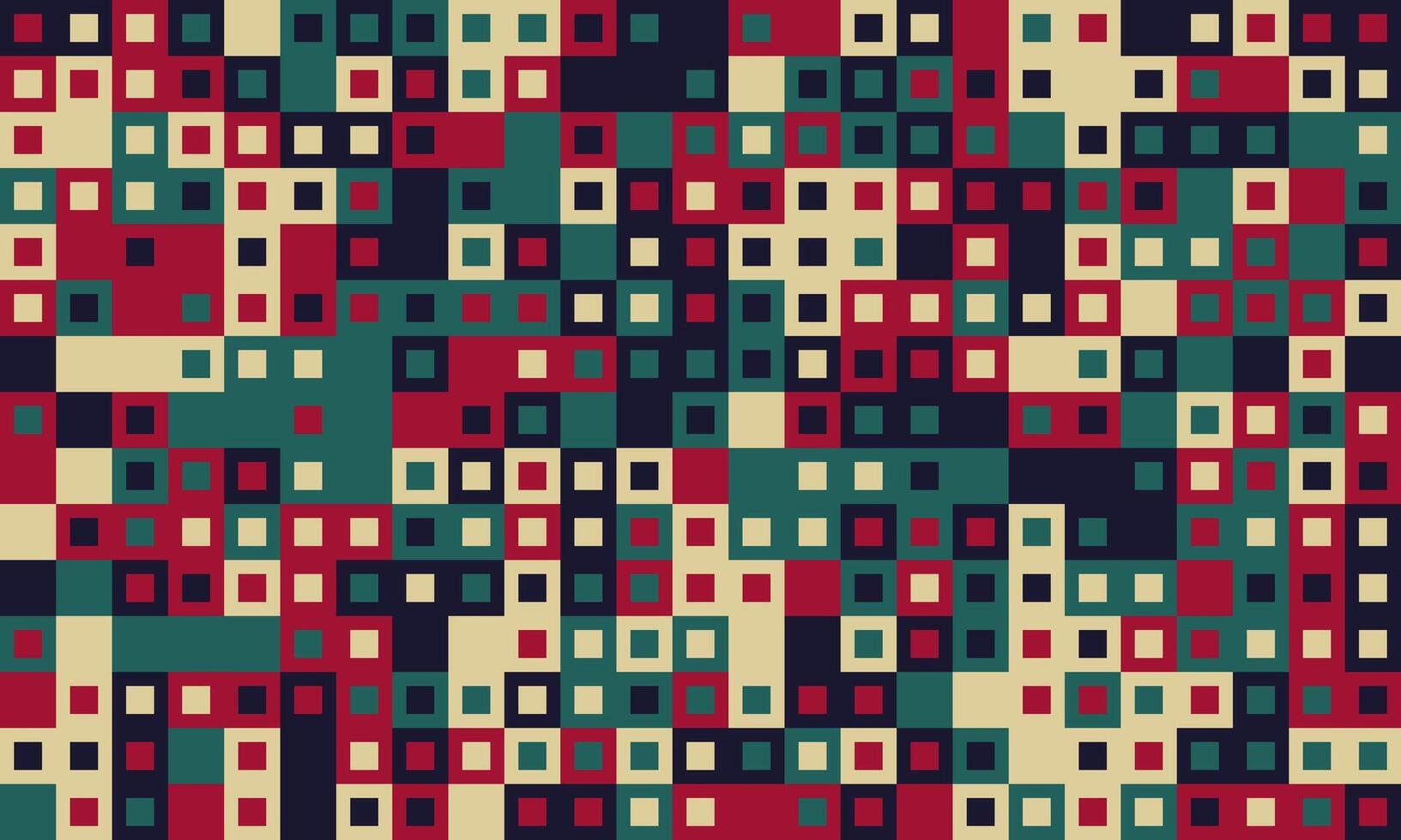 Abstract geometric pattern featuring a vibrant array of squares in red, teal, cream, and navy. Ideal for backgrounds, textiles, website design, or modern art projects. vector