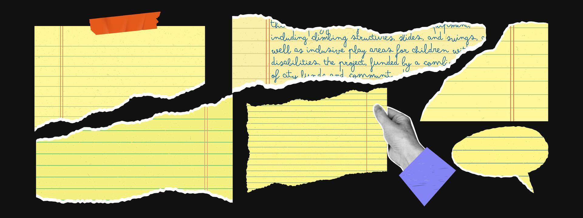 Torn yellow paper notes with a hand vector