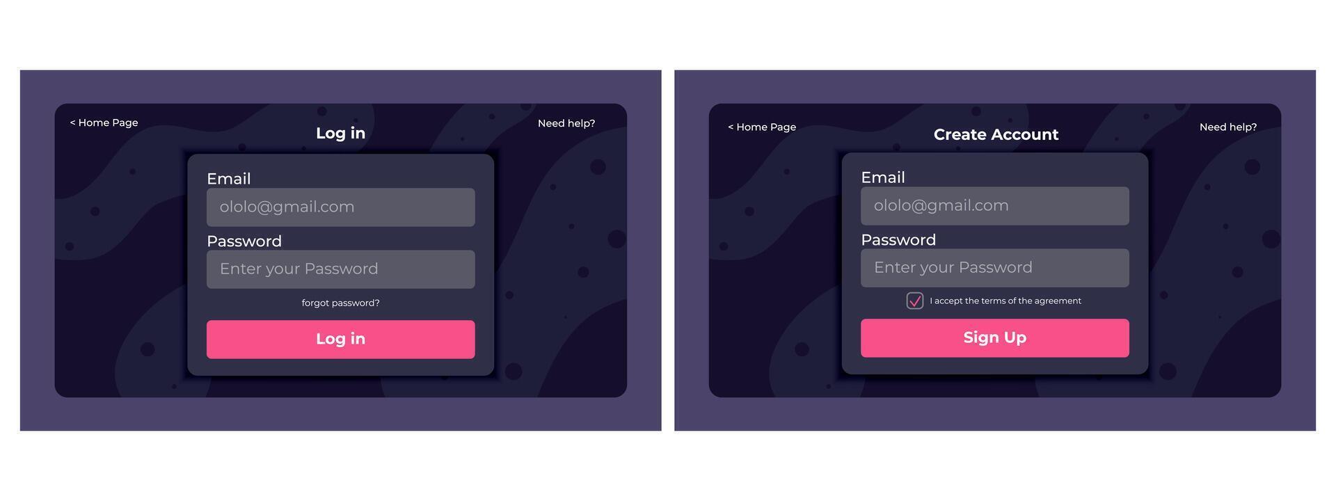 Login and account creation screen design vector