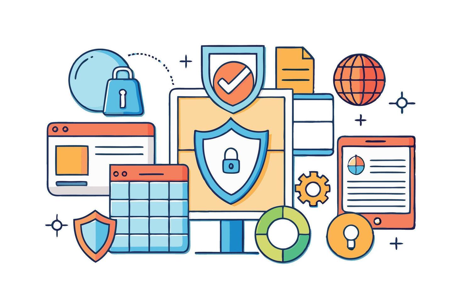 digital safety icons including locks, shields, devices, documents, and a computer, representing secure internet browsing and data protection vector