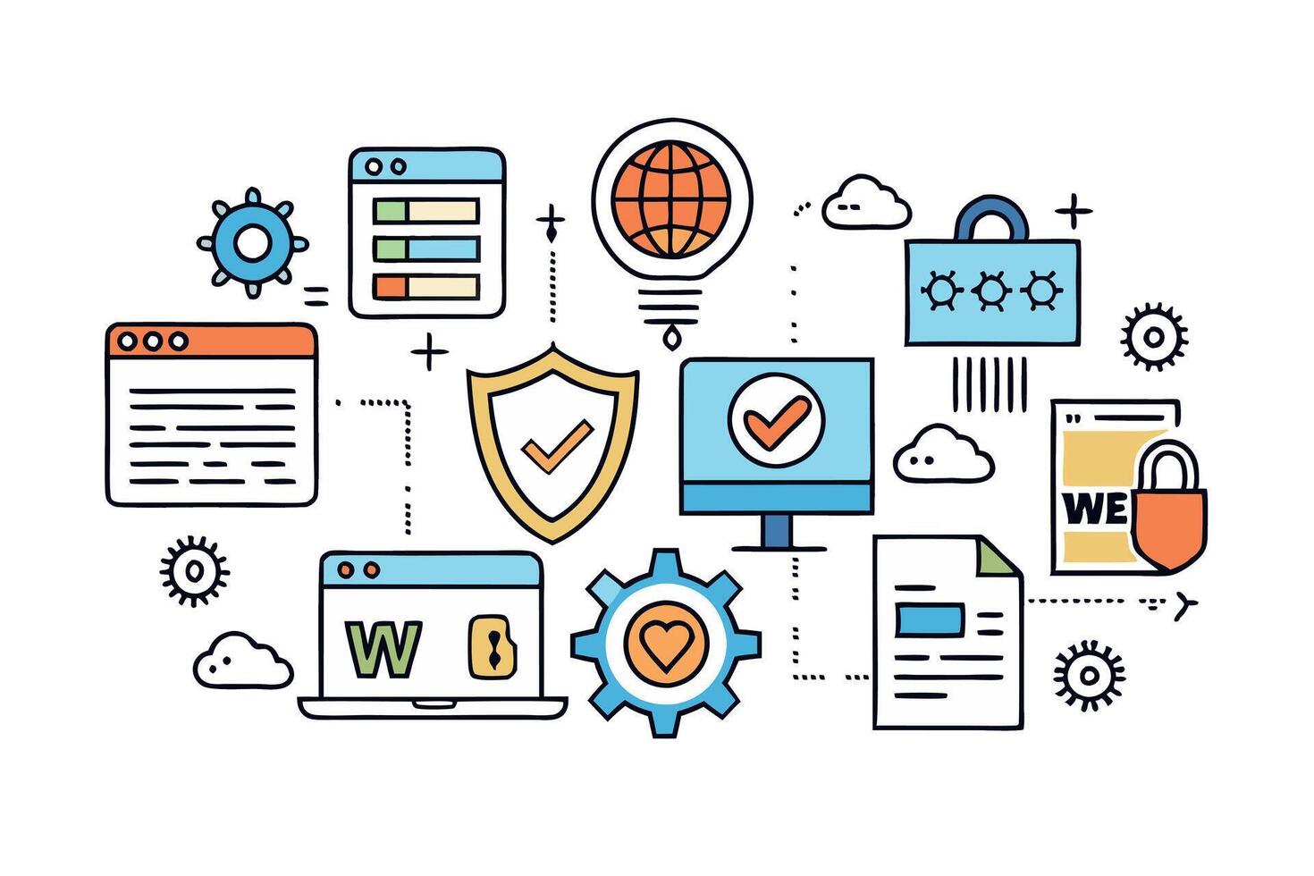 web security, featuring protection, encryption, lock, and shield symbols designed for cybersecurity and online safety applications vector