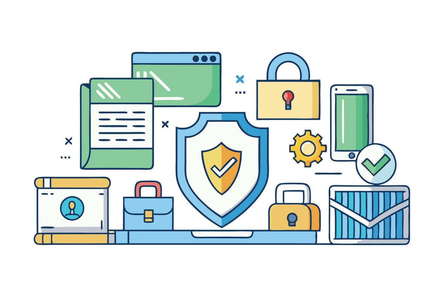 digital protection icons, including locks, shields, devices, and a document, representing cybersecurity, encryption, and secure browsing vector