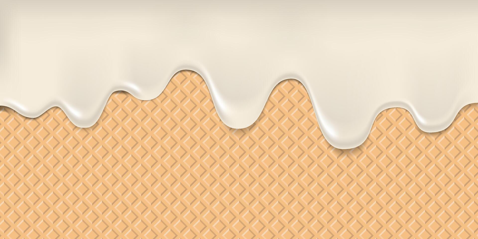3d melting vanilla ice cream on wafer background. Flowing vanilla cream on wafer. Melted milk ice cream dropping on ice cream cone texture background. vector