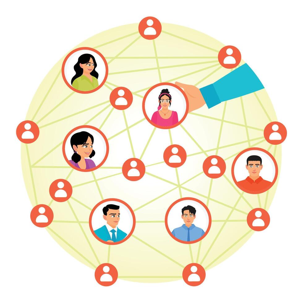 Global Social Network concept. Connected People, Communities, and Profiles in a Dynamic Web. vector