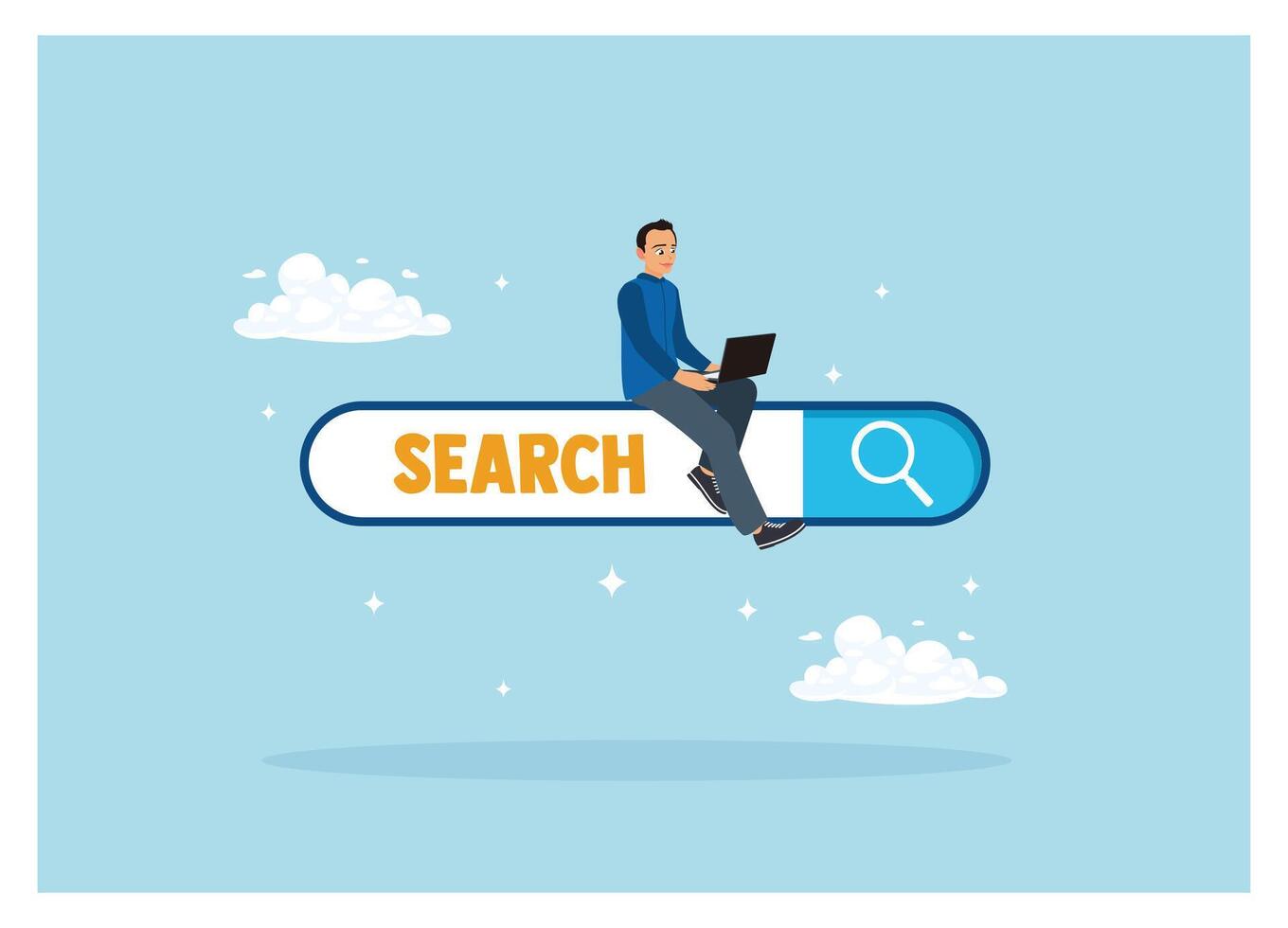 Man working with laptop computer in search box. vector