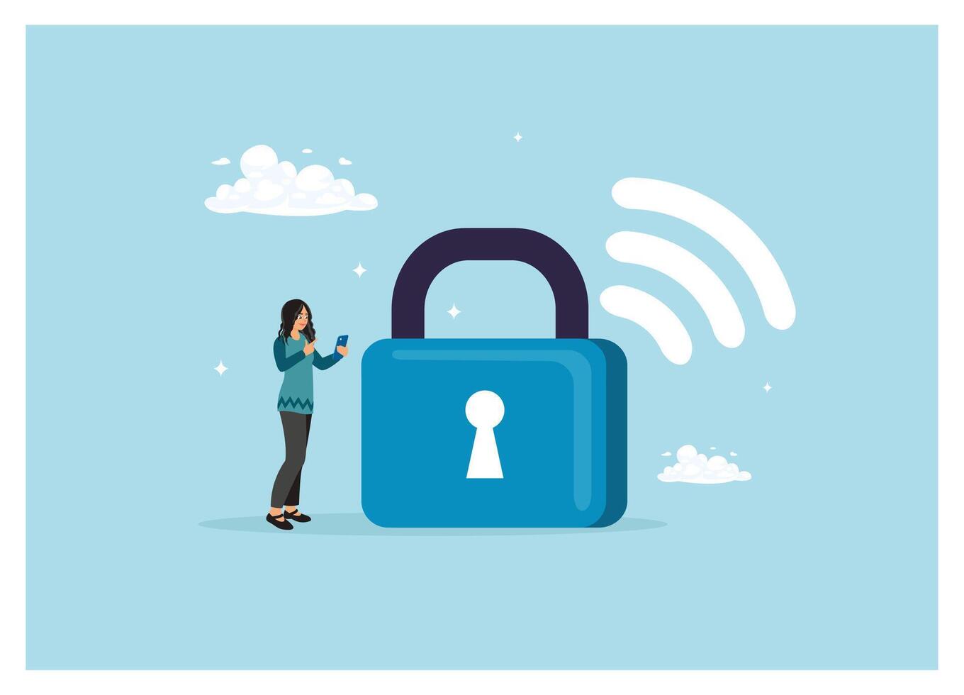 Woman using mobile phone connected to wifi with wireless security. vector