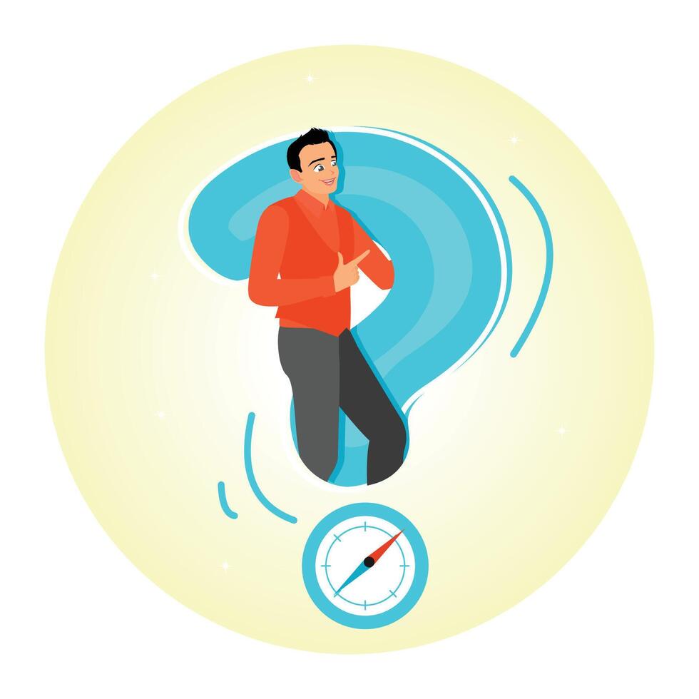 Open ended question concept. Businessman with question mark compass guidance for answer. vector