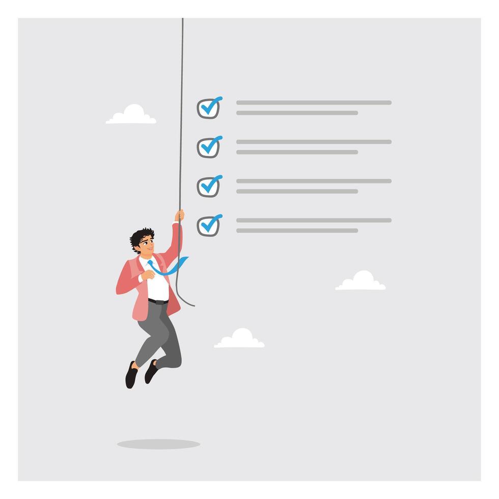 Expertise Concept. Businessman Climbing Rope With Checklists and Checkmarks. vector