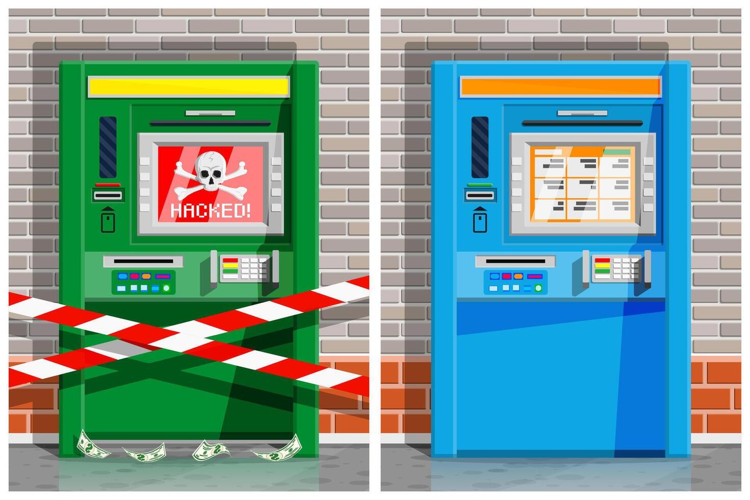 Hacked ATM and secure ATM illustration vector