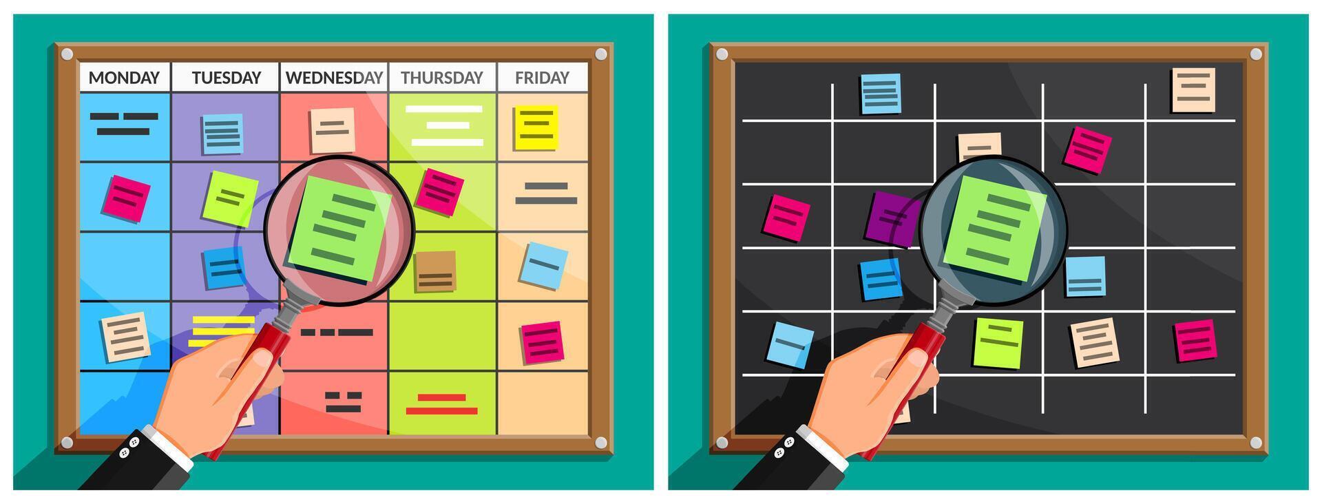 Man looking at weekly calendar and task board vector
