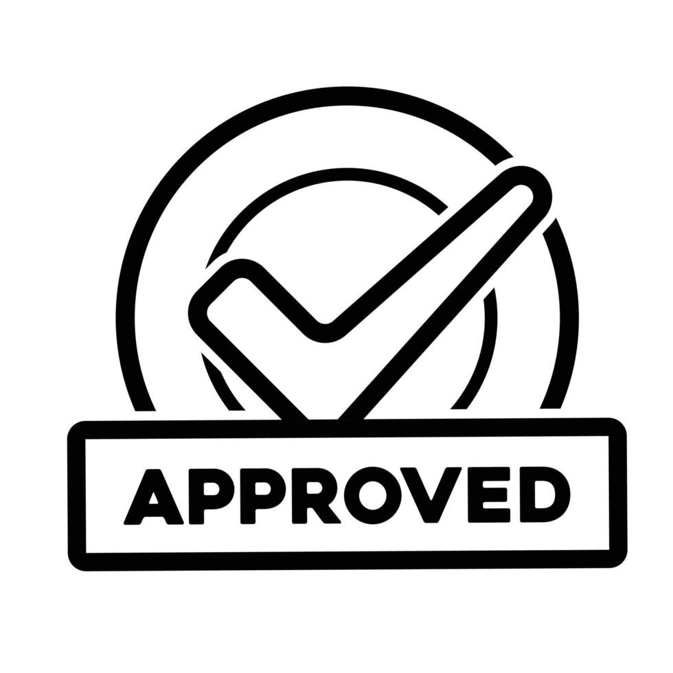 Approve icon. Management. Circle with a check mark and the word approved underneath. manager, success. Outline design style vector