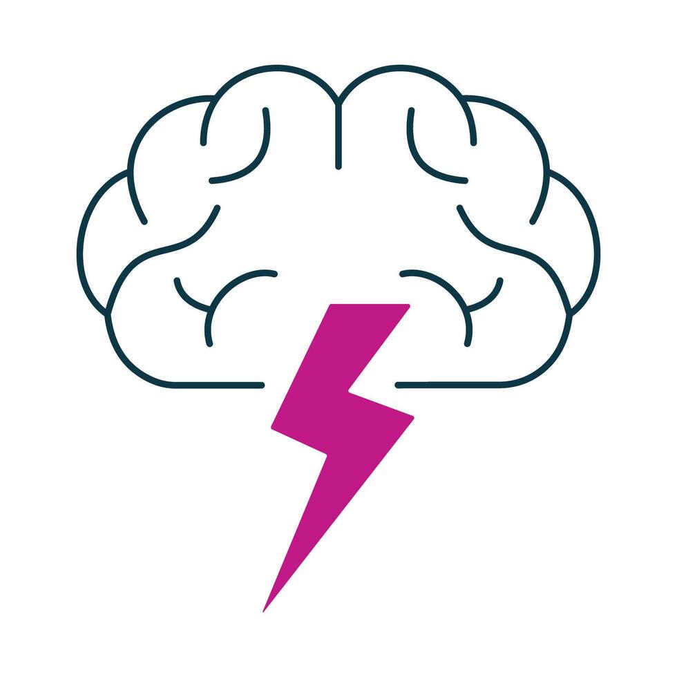 Brainstorming and creativity icon with a brain outline and a magenta lightning bolt. Symbol for innovation, inspiration, and bright ideas. vector