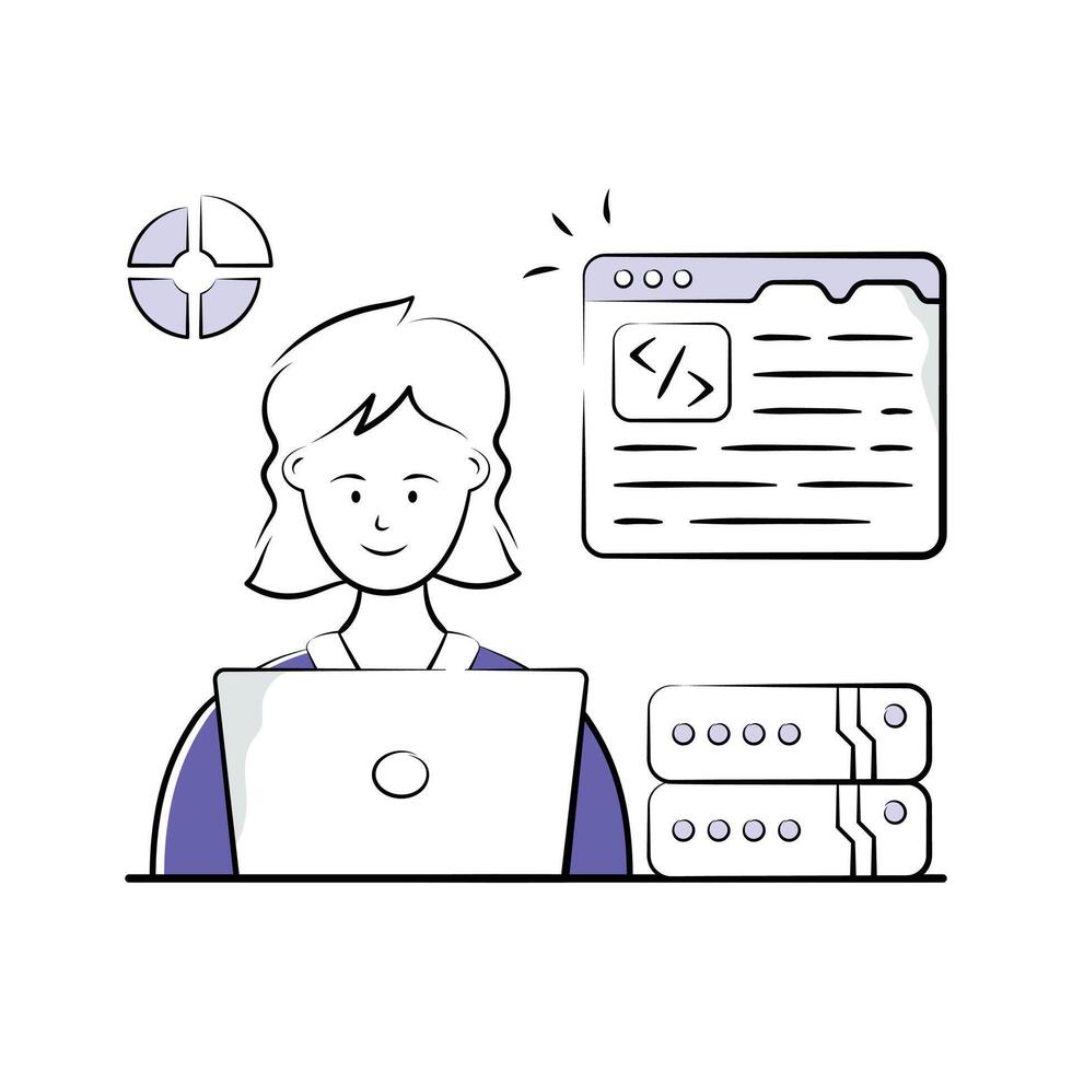 Programmer managing database programming with coding and server tools. vector