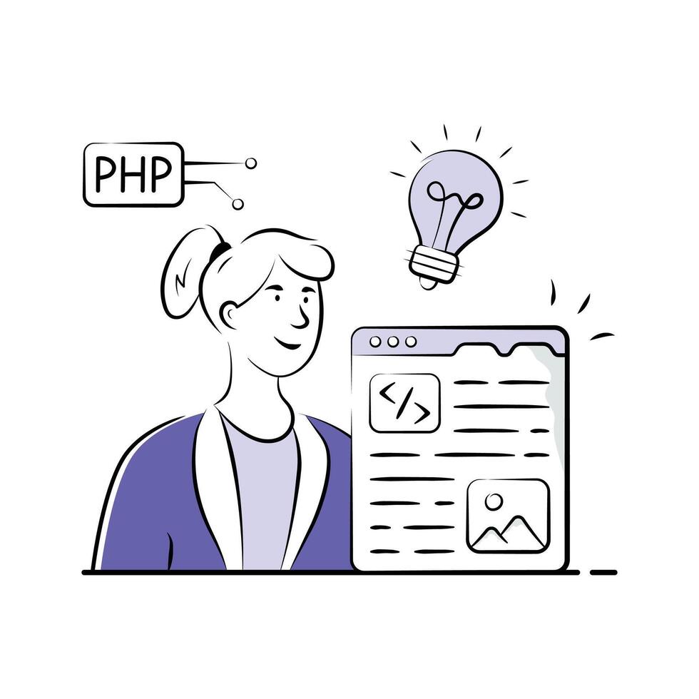 Developer coding creatively with PHP and lightbulb innovation concepts. vector