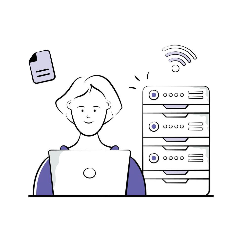 A stylized illustration of a woman using a laptop, with a web hosting server in the background. vector
