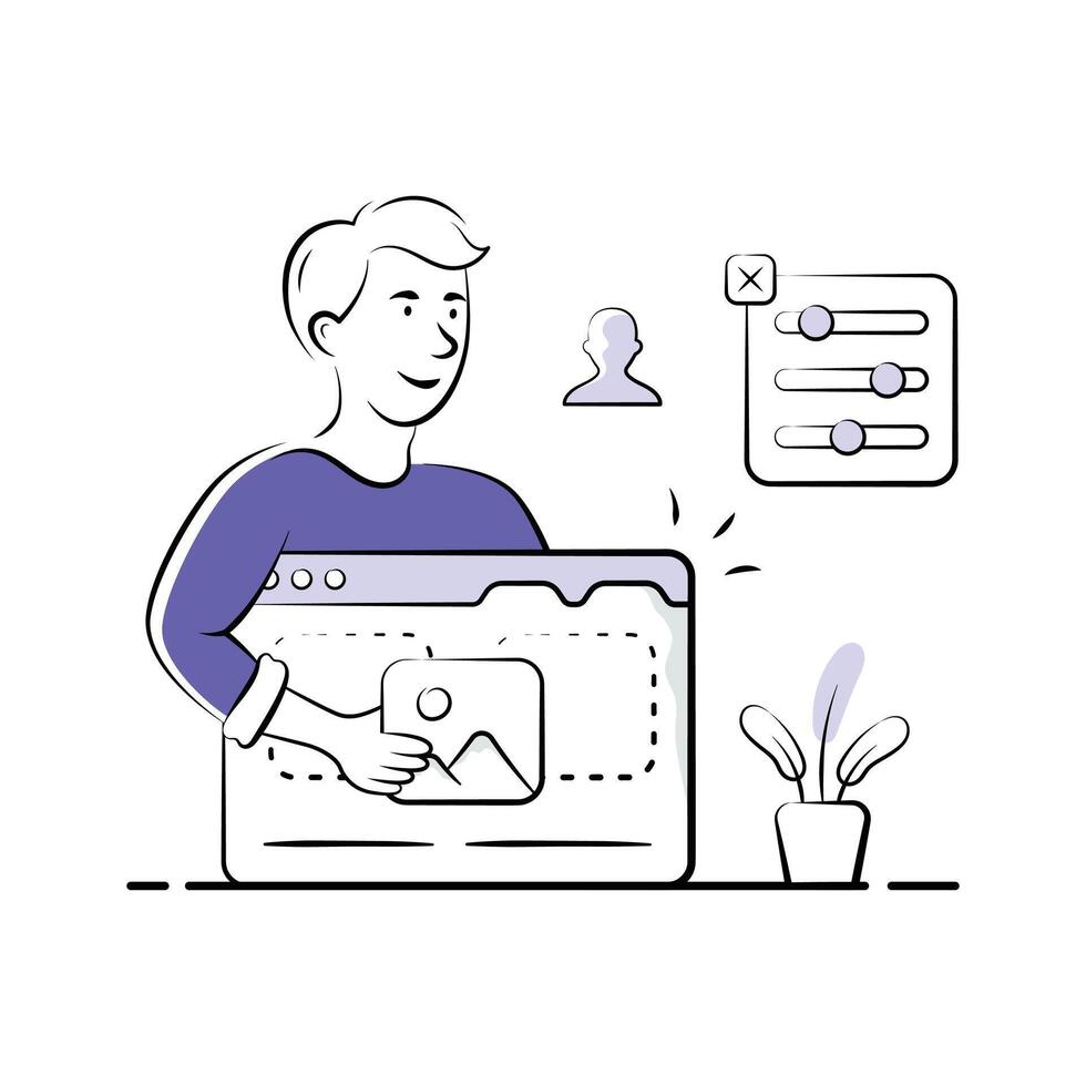 Hand drawn style illustration of a web designer working at a computer. vector