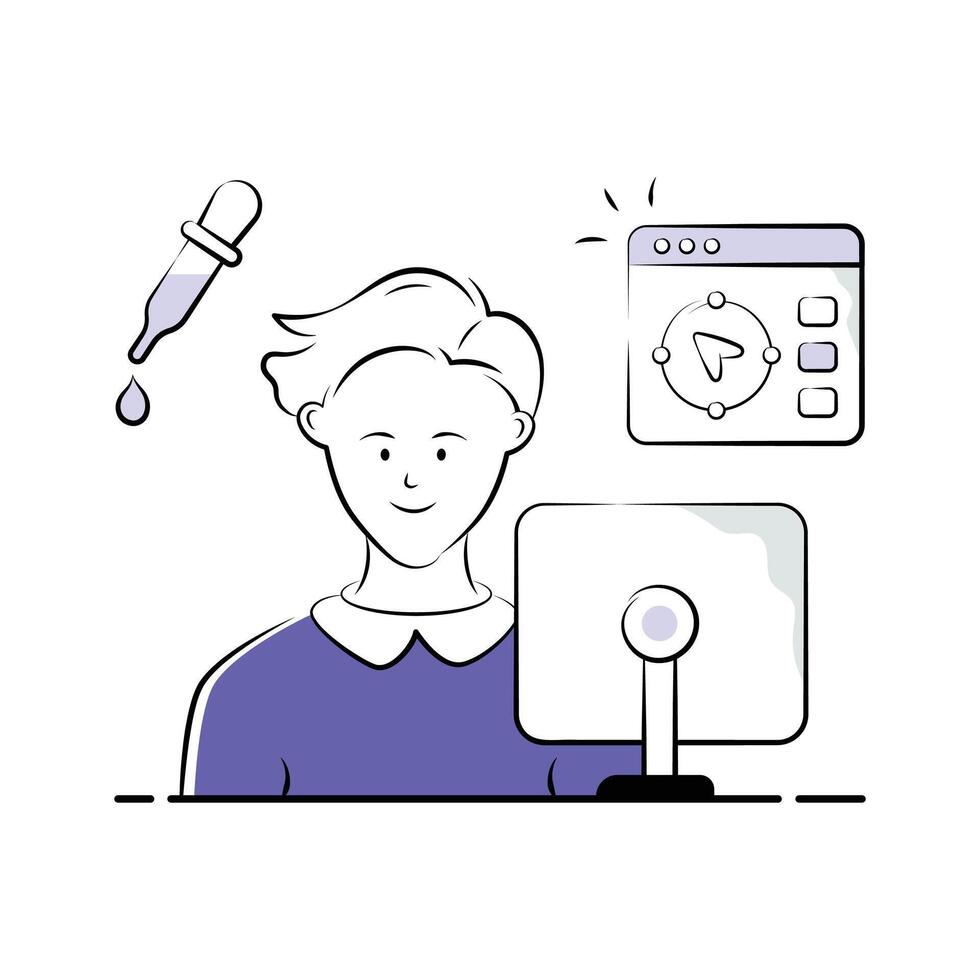 mano dibujado estilo ilustración de un web diseñador trabajando a un computadora vector