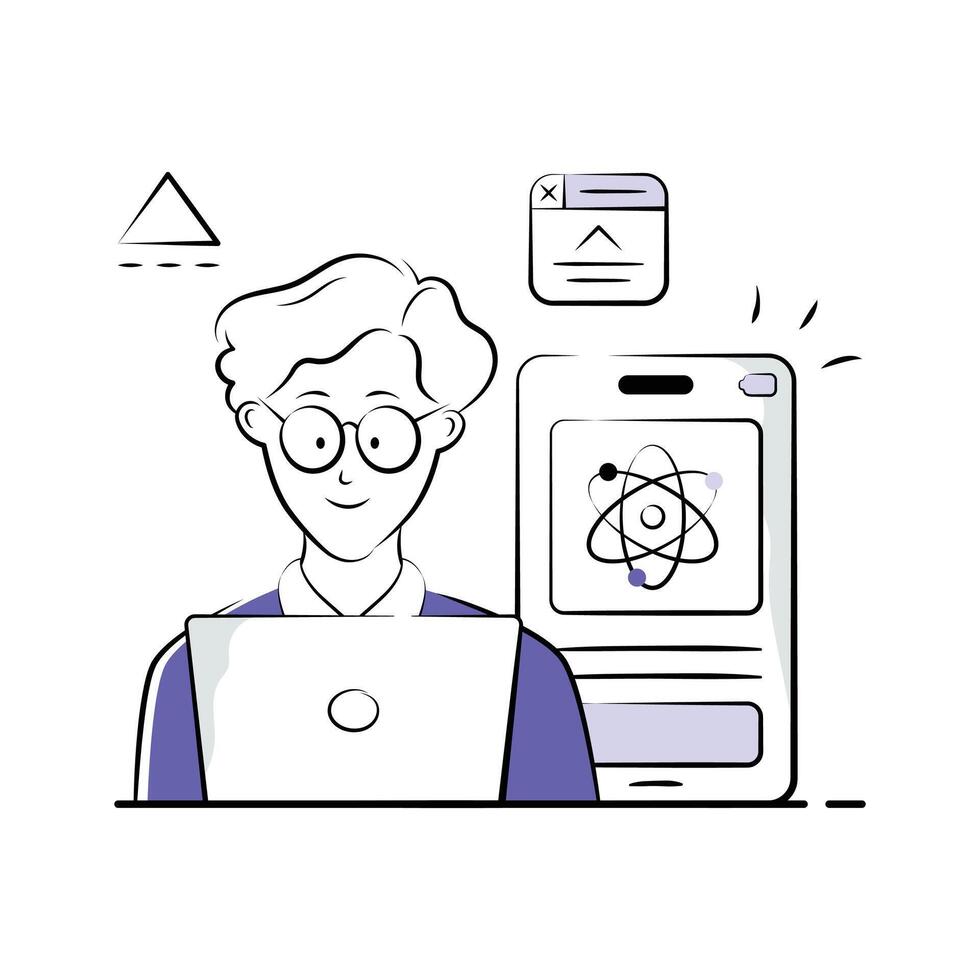 A stylized illustration of a programmer, working on a laptop and a mobile device. vector