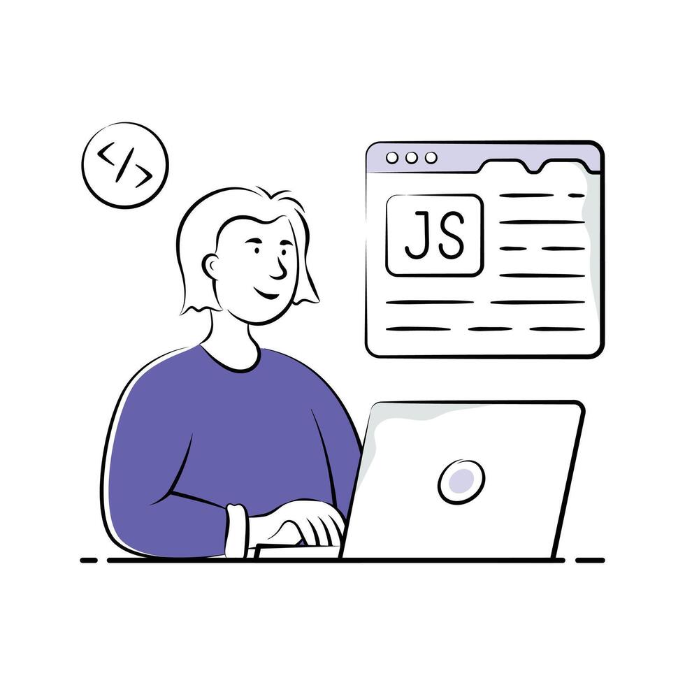 un estilizado ilustración de un mujer felizmente codificación javascript en un ordenador portátil. vector