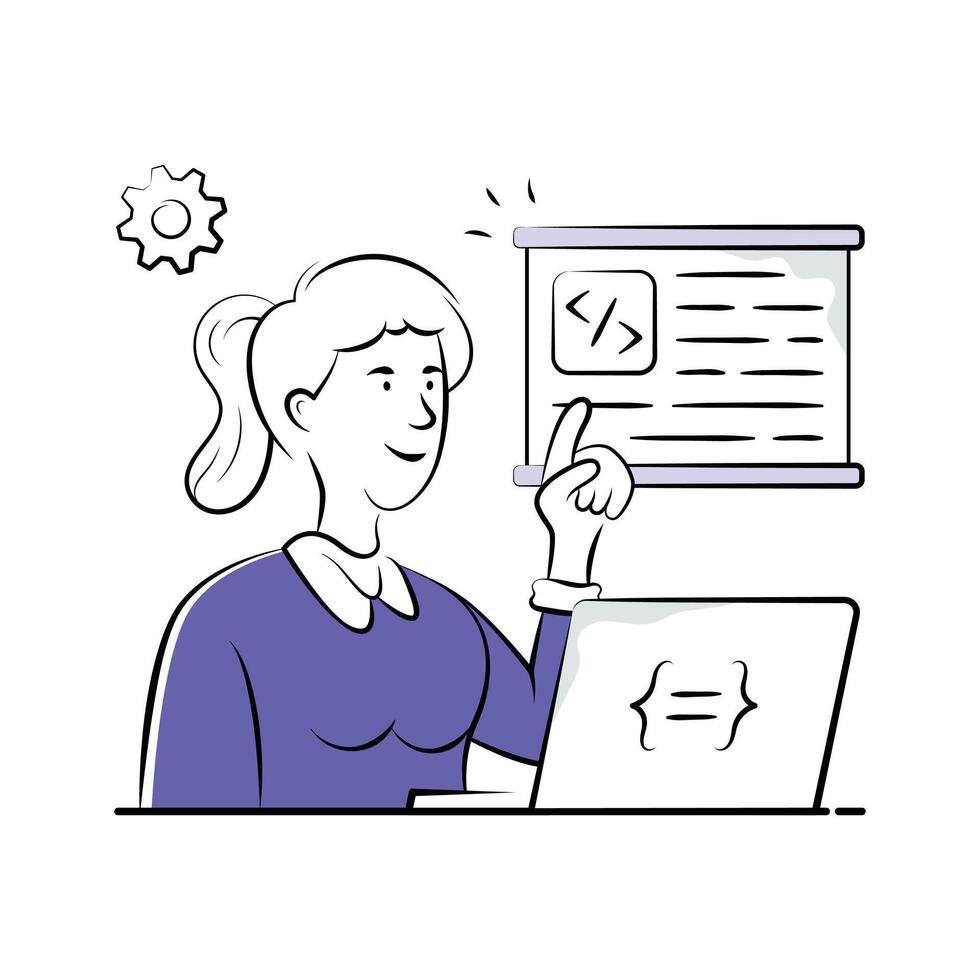 un sencillo garabatear estilo ilustración de un mujer líder un codificación taller. vector