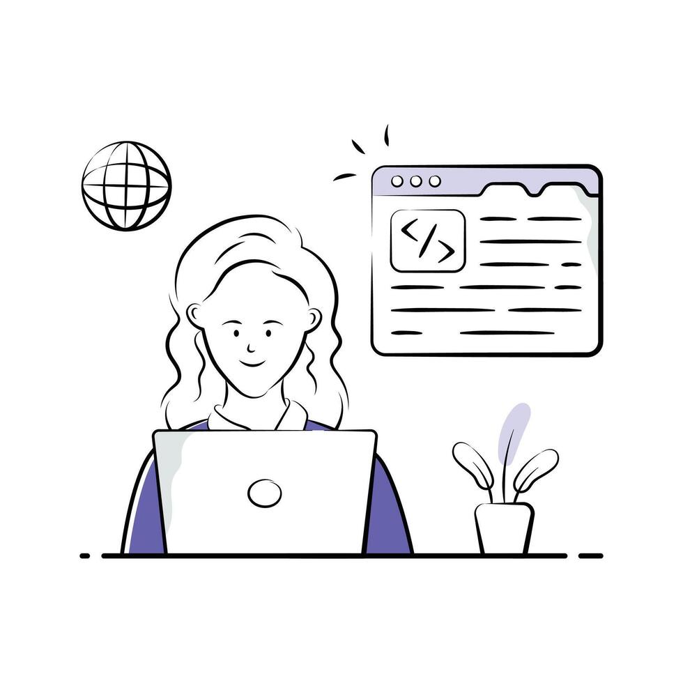Woman working on web development project, focused on coding, ready to use illustration vector