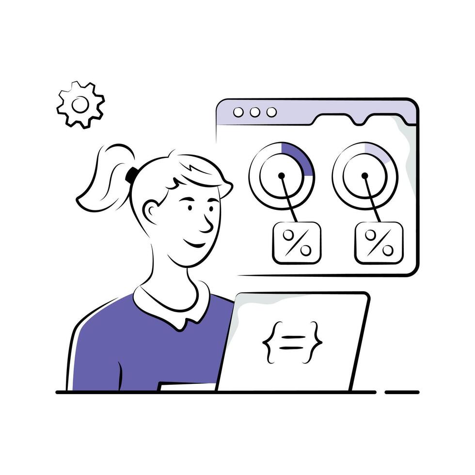 Programmer working on precise coding with charts and development tools. vector