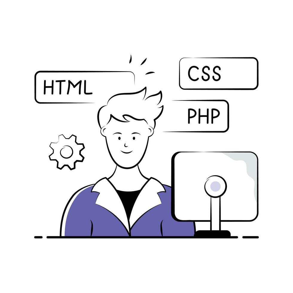 mano dibujado ilustración de un web desarrollador con html, css, y php programación idiomas vector