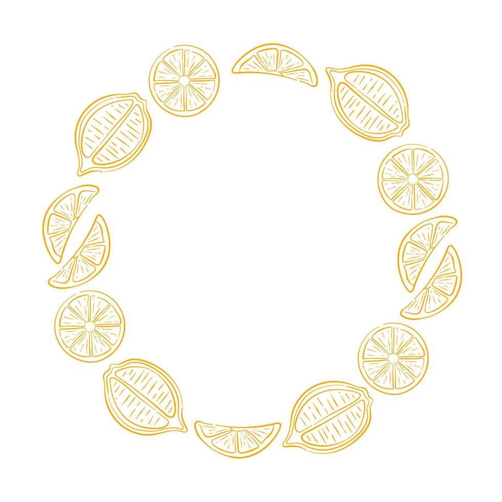 Circular frame border made of line art style lemon slices on white background with empty center space for text or design. vector